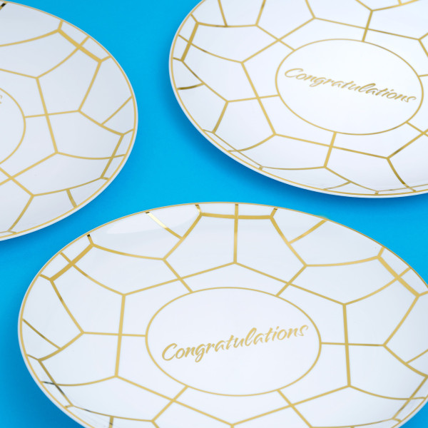 Pack of 20 10.5" Hexagon Designed Plastic Wedding Plates White and Gold with Inscription