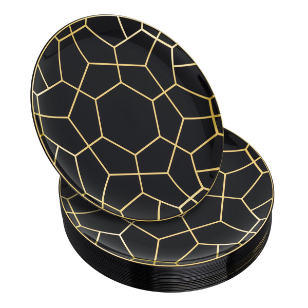 Pack of 20 7.5" Hexagon Designed Plastic Plates Black and Gold