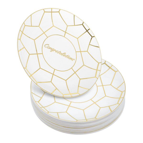 Pack of 20 7.5" Hexagon Designed Plastic Wedding Plates White and Gold with Inscription