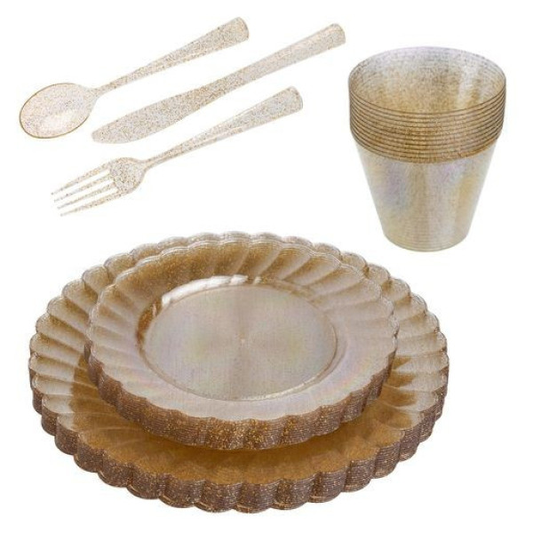 72 Pcs Hard Plastic Dinner Party Sets ~ Gold Glitter Cups Cutlery Dinner & Dessert Plates for 12 Guests