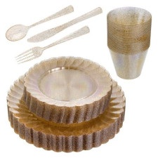 150 Pcs Plastic Dinnerware Set ~ Glittered Dinner Party Sets ~ Plates Cutlery & Cups Combo for 25 Guests Glittered Gold