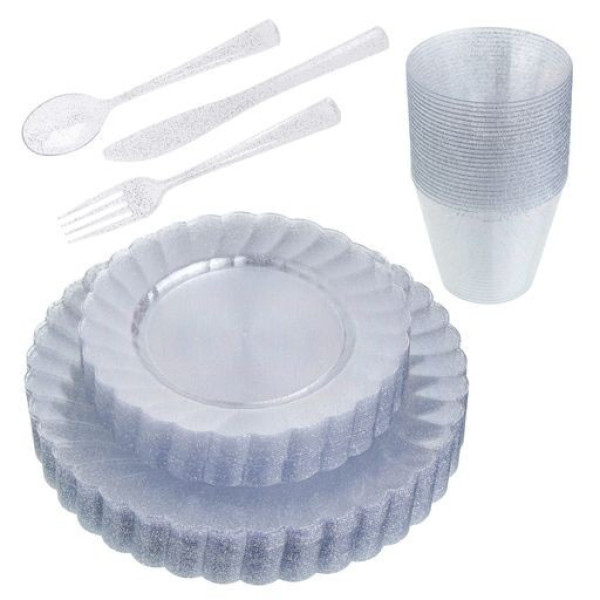 150 Pcs Plastic Silver Dinnerware Set  ~ Plates Cutlery & Cups Combo for 25 Guests Glittered Sliver