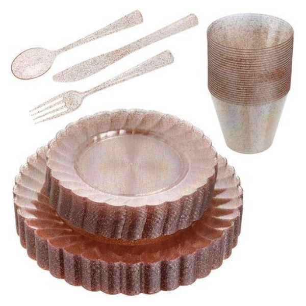 150 Pcs Plastic Dinnerware Set ~ Glittered Dinner Party Sets ~ Plates Cutlery & Cups Combo for 25 Guests Glittered Rose Gold