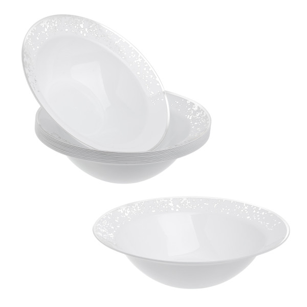 Pack of 10 Hard Plastic Bowls 10oz - White with Silver Polka Dots - Lightweight and Perfect for Parties and Soups