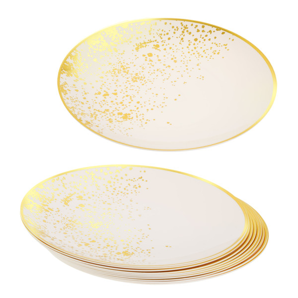 Pack of 10 Hard Plastic Plates 8" - Ivory Cream with Gold Polka Dots - Lightweight and Versatile