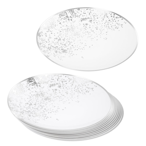 Pack of 10 Hard Plastic Plates 8" - White with Silver Polka Dots - Lightweight and Versatile