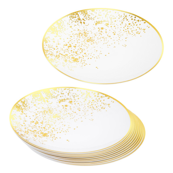 Pack of 10 Hard Plastic Plates 9" - White with Gold Polka Dots - Lightweight and Versatile