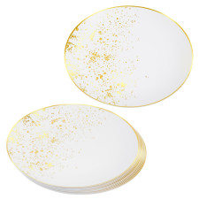 Pack of 10 Hard Plastic Plates 10" - White with Gold Polka Dots - Lightweight and Versatile