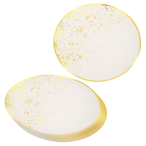 Pack of 10 Hard Plastic Dinner Plates 10" - Ivory Cream with Gold Polka Dots - Lightweight and Versatile