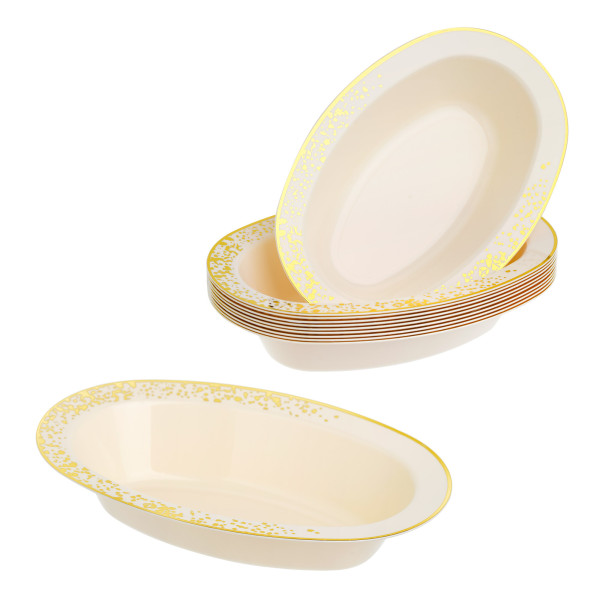 Pack of 10 Oval Serving Bowls - Ivory Cream with Gold Polka Dots - Versatile 7oz Size for Elegant Presentations