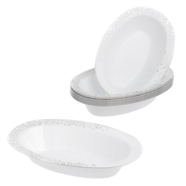 Pack of 10 Oval Serving Bowls - White with Silver Polka Dots - Versatile 7oz Size for Elegant Presentations