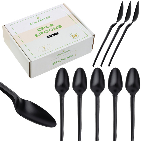Pack of 150 6" Black CPLA biodegradable Disposable Spoons