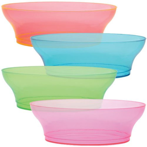Pack of 20 Assorted Colored Hard Plastic Party Bowls - 10 oz - Neon Red, Purple, Blue, and Green